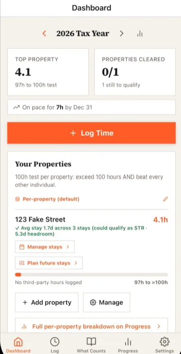 Logged RE dashboard showing per-property hours, the 100 hour test, and average stay stats