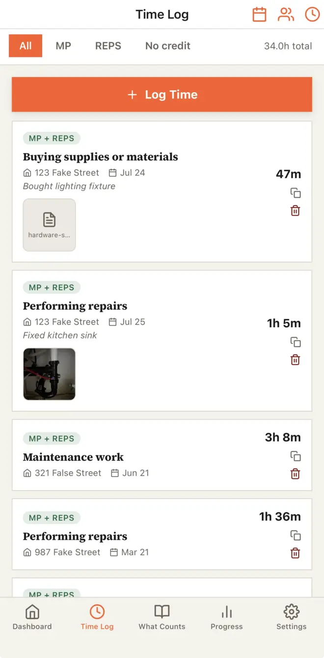 Logged RE time log with entries like performing repairs and buying supplies, each tied to a property with a receipt or photo attached
