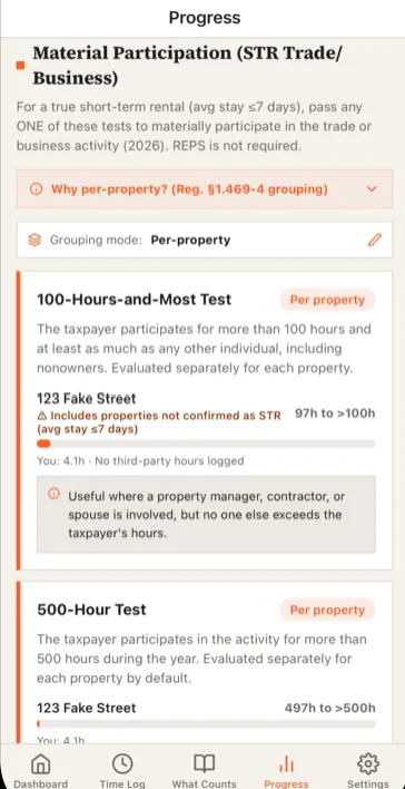 Logged RE progress screen showing the per-property 100-hour and 500-hour material participation tests