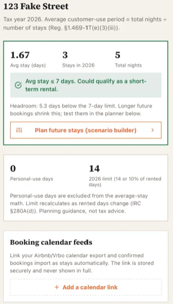 Logged RE stay tracking showing average stay length against the 7 day limit with headroom and personal-use days