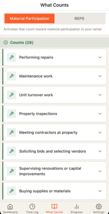 Logged RE What Counts reference tab listing activities that count toward material participation